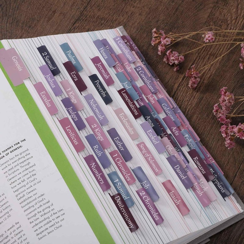 thinkor Laminated & Repostion Bible Tabs, Large Print Christian Gift for Women and Men, Easy to Read and Apply Bible Journaling Tabs (Purple & Pink Print) - Image 4